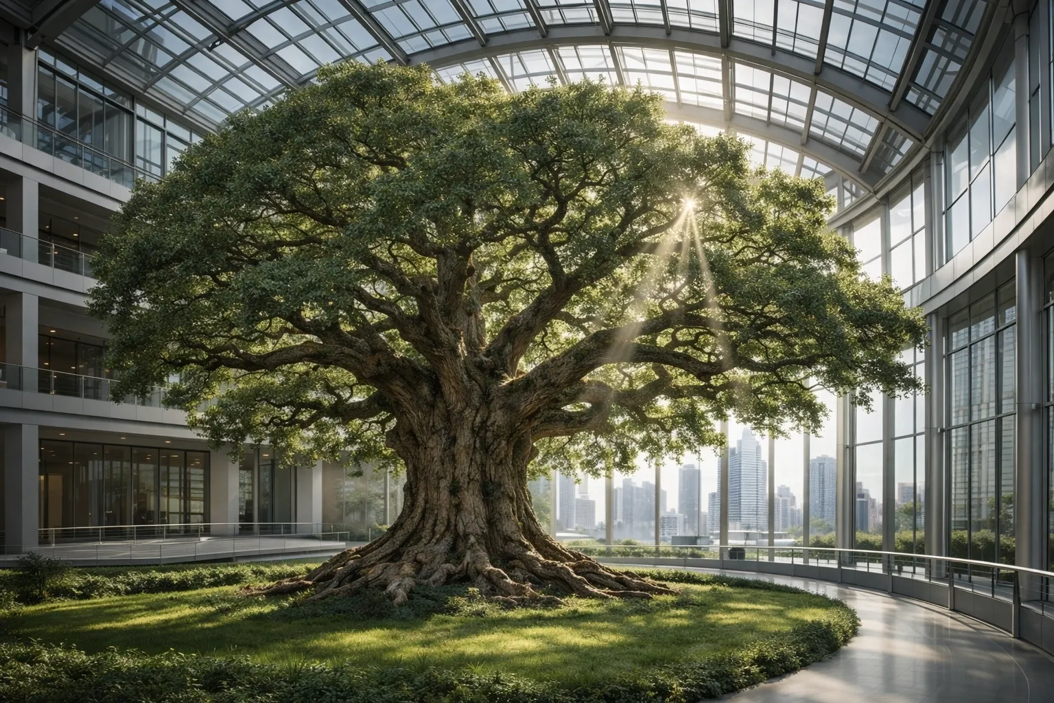 Mature tree in a bright atrium representing continuity and legacy